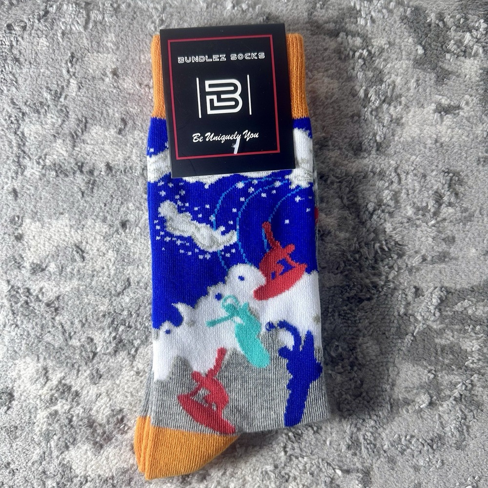 Bundlez Socks Surfing Snowboarding Graphic Crew Socks Adult Size Blue Orange NEW